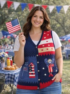 Patriotic Quacker Factory Knit Vest Red White and Blue July 4th 1X